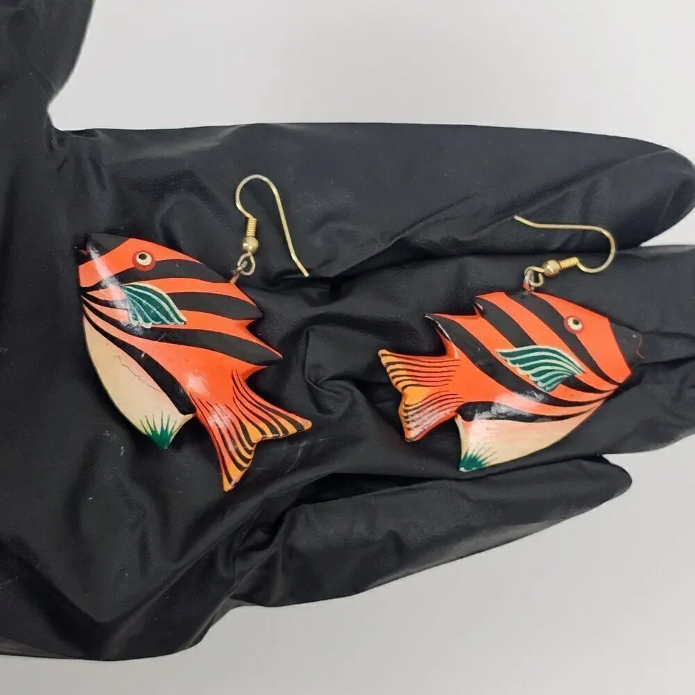 Vintage Fish Hand Painted Orange Wood Dangle Hook Pierced Tropical Boho Earrings
